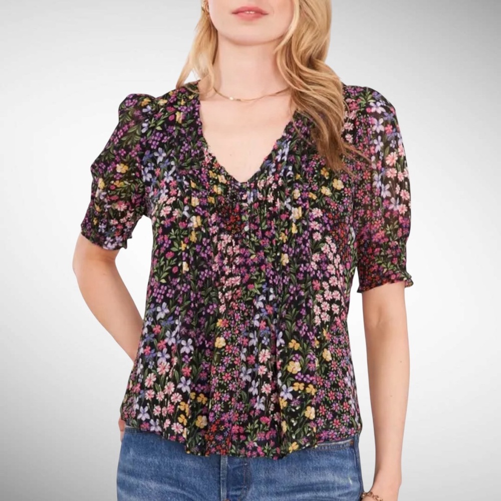 1. State Floral Pintuck-Front Blouse V-Neck Short Sleeves